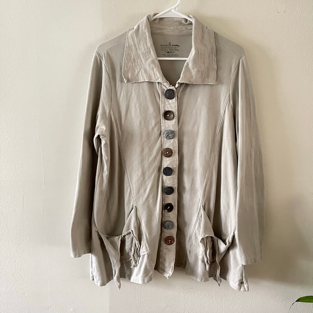 Neon Buddha Womens L Jacket Taupe Lagenlook Boho Artsy Minimalist Button Up